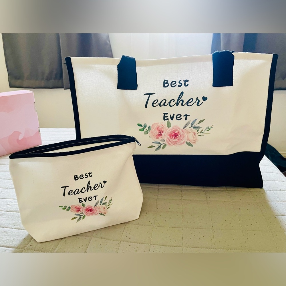 NWT - Best Teacher Ever Floral Tote and Pouch Set